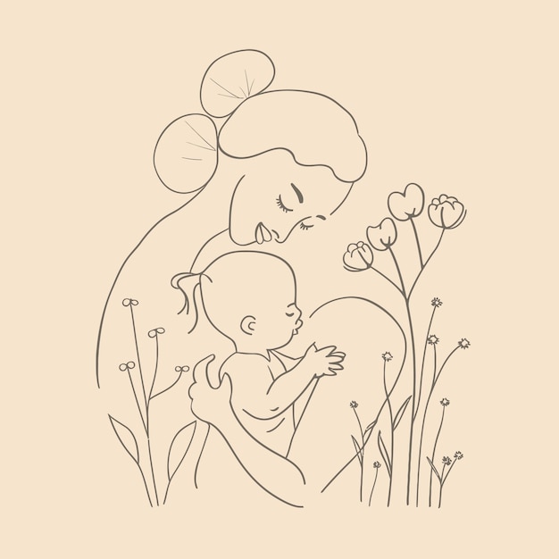 Vector mother child and flowers minimal style mothers day