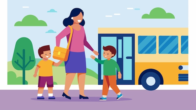 엄마와 아이가 손을 잡고 버스 밖으로 나와 가스 비용을 절약할 수 있다는 기을 느다.