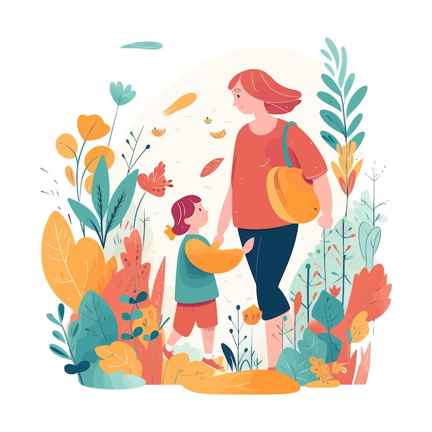 Mother and child holding hands among flowers cartoon illustration