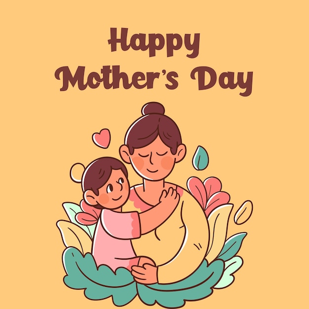 Мать и ребенок обнимают друг друга иллюстрация ко дню матери, нарисованная вручную на цветочном фоне