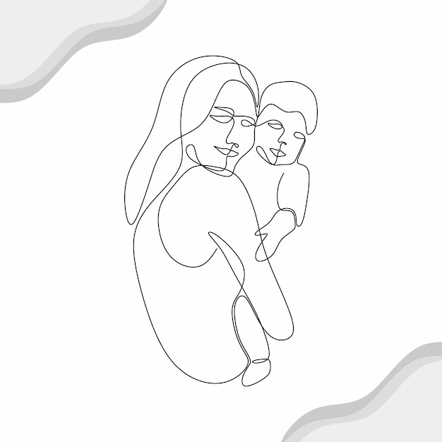 mother and child illustration drawing continuous single line art