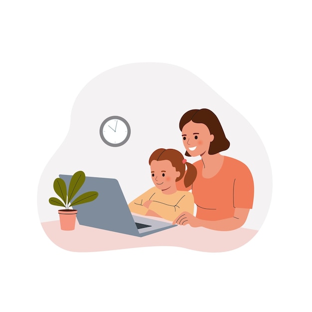 Vector mother and child look at a laptop study online vector cartoon flat style illustration