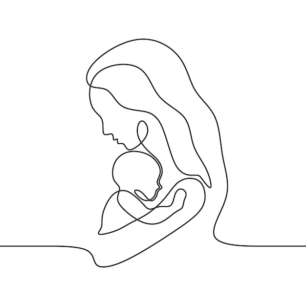 Vector mother and child love illustration continuous drawing single line art