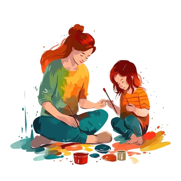 Vector mother and child painting or drawing together watercolor white background