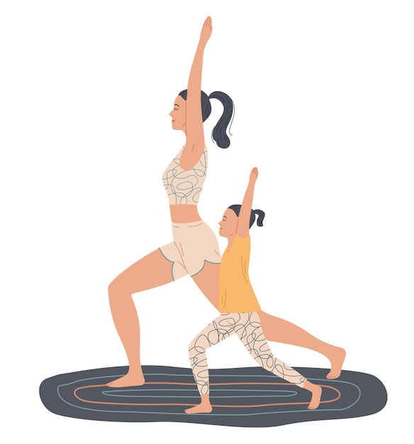 mother and child practice yoga at home do an exercise warrior pose