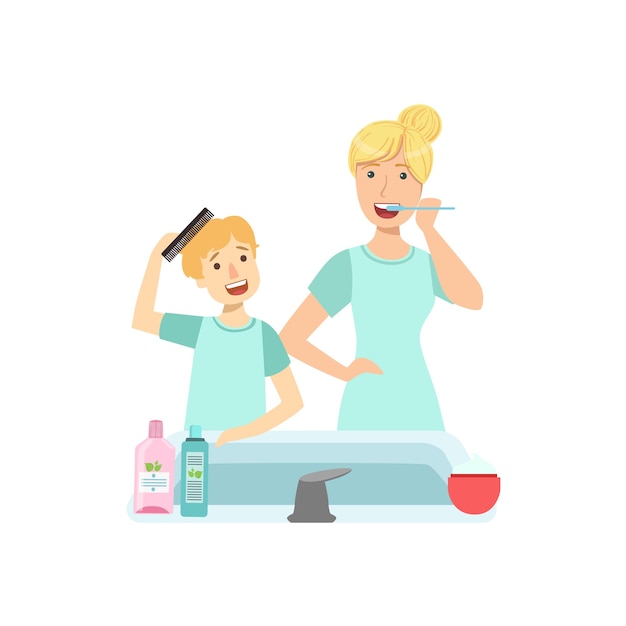 Mother and child preparing for bed together illustration