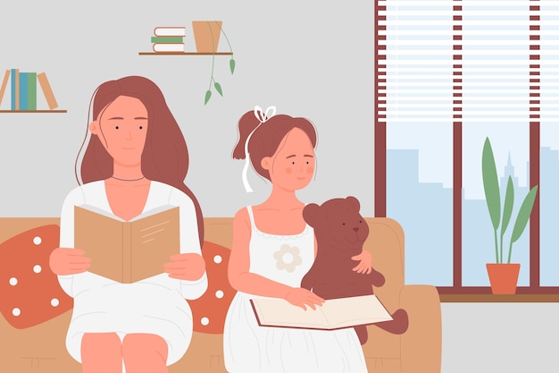 Мать и ребенок вместе читают книгу дома, весело провести время с семьей и счастливым материнством