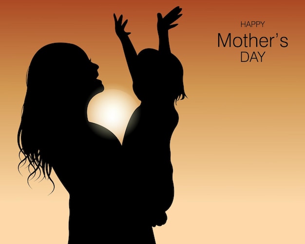Siluetta della madre e del bambino sullo sfondo di un bel tramontosfondo di festa della mamma