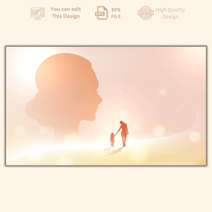 Vector mother and child silhouette walking together at sunrise