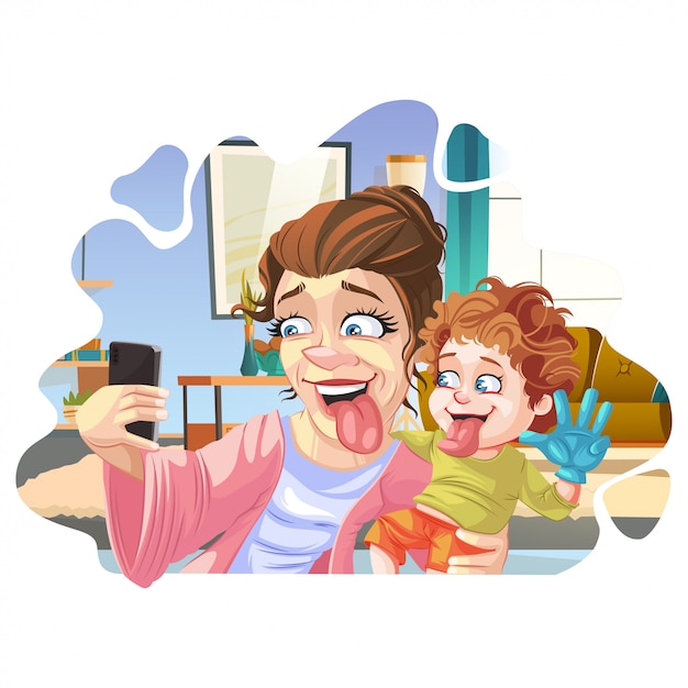 Vector mother and child taking selfie/modern mom