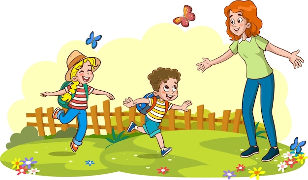 mother and children cartoon vector illustration