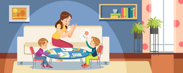 Vector mother and children draw paints in the playroom