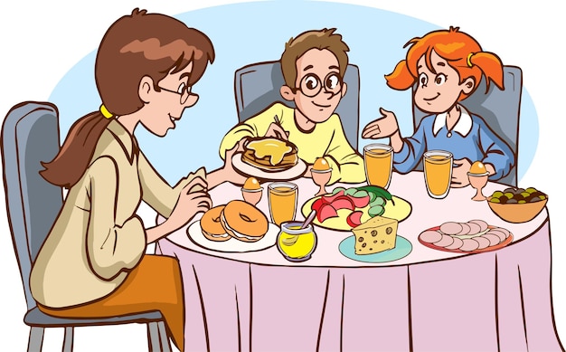 mother and children having breakfast cartoon vector