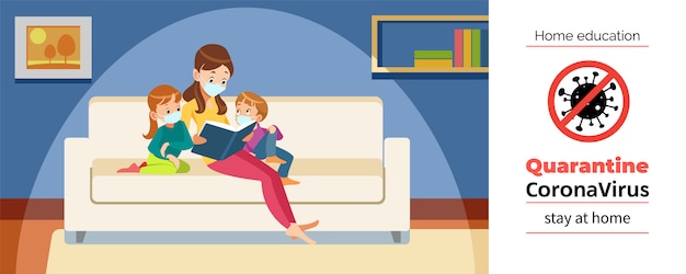 Mother and children home reading during Coronavirus or Covid-19 quarantine. Stay at home, Home education concept. Cartoon  illustration