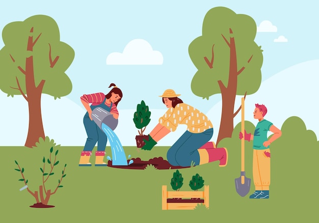 Vector mother and children planting trees outdoors woman and two kids gardening in the countryside