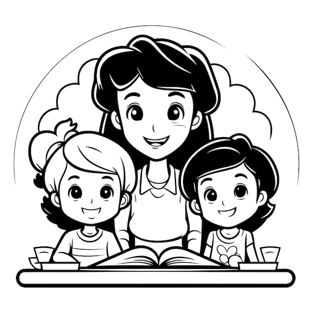 Mother and children reading book together black and white vector illustration