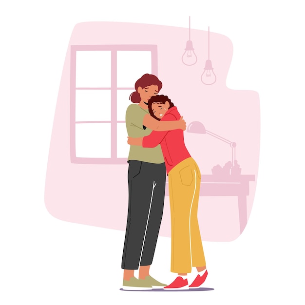 Mother and Crying Daughter Hugging in Living Room Speak and Share Problems Parent Support Child Mom and Girl Relations