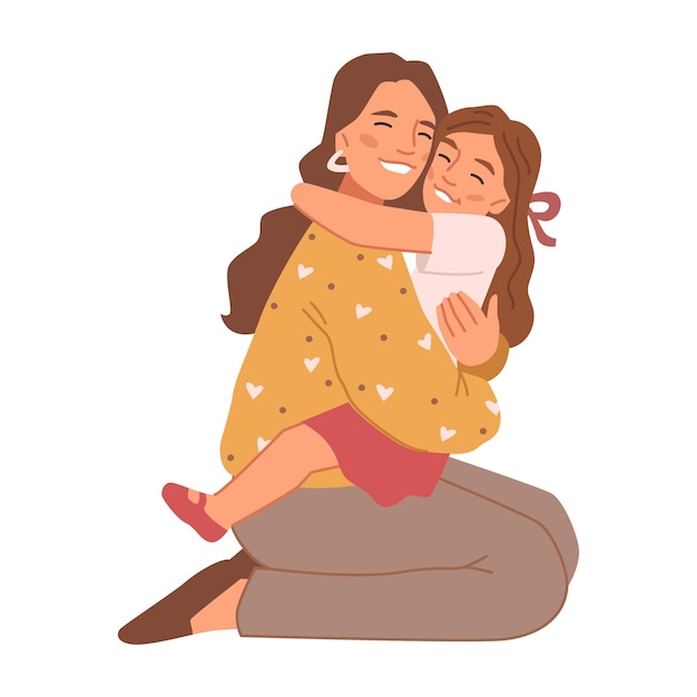 Vector mother cuddling smiling daughter happy people