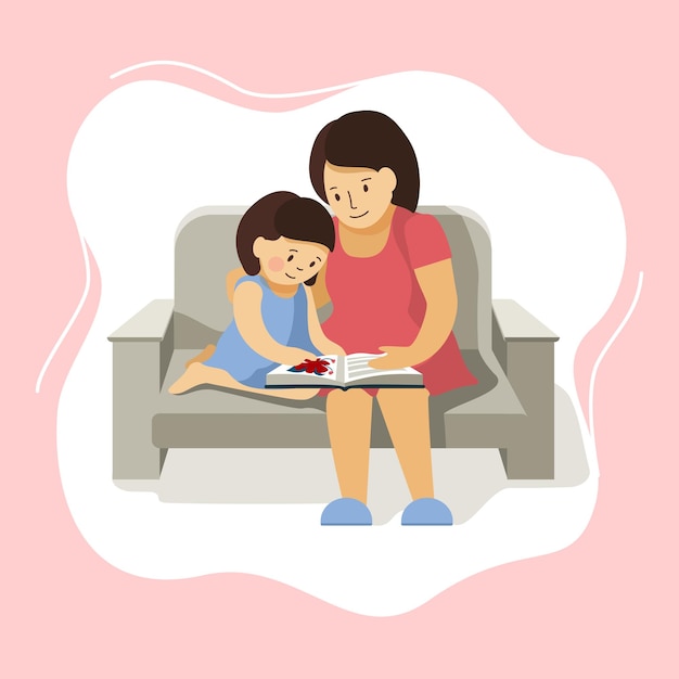 Mother and daughter are sitting on the sofa and reading a large picture book.