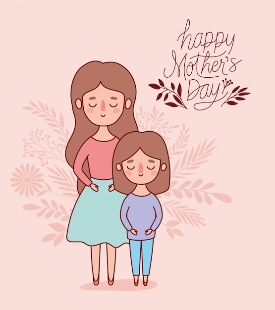 Mother and daughter cartoon with leaves 