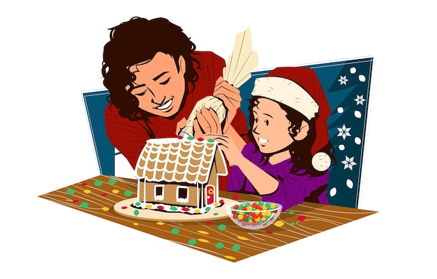 Mother and daughter decorating gingerbread house on christmas concept