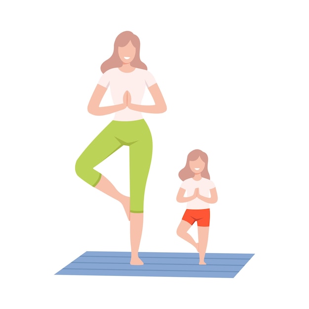 Vettore madre e figlia che fanno esercizio yoga madre e figlio che fanno sport insieme illustrazione vettoriale a stile piatto