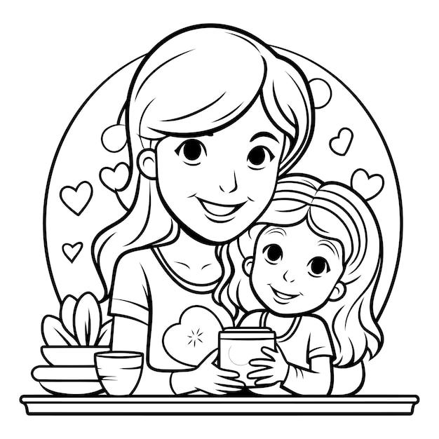 Mother and daughter drinking coffee Black and white vector illustration for coloring book