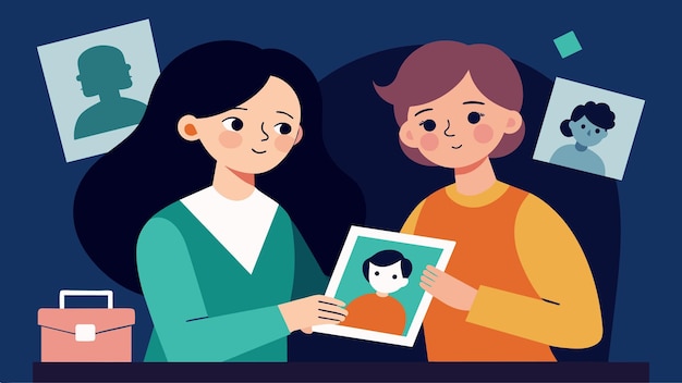 Vector a mother and daughter examining old family photos trying to decipher the faces and relationships