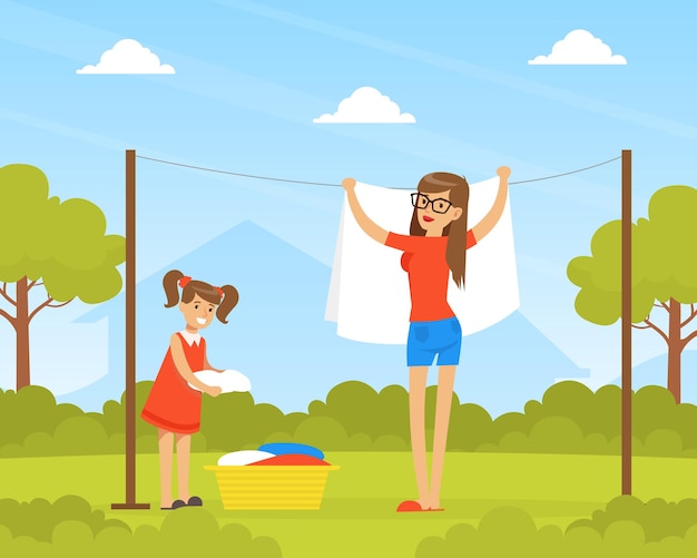 Mother and daughter hanging wet clothes out to dry on backyard cartoon vector illustration