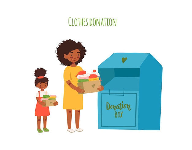 Vector mother and daughter holding cardboard boxes with clothing for donation