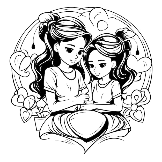 Mother and daughter hugging each other black and white vector illustration