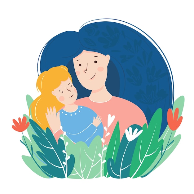 Vector mother and daughter hugging mother's day card about mother's love and care flat illustration