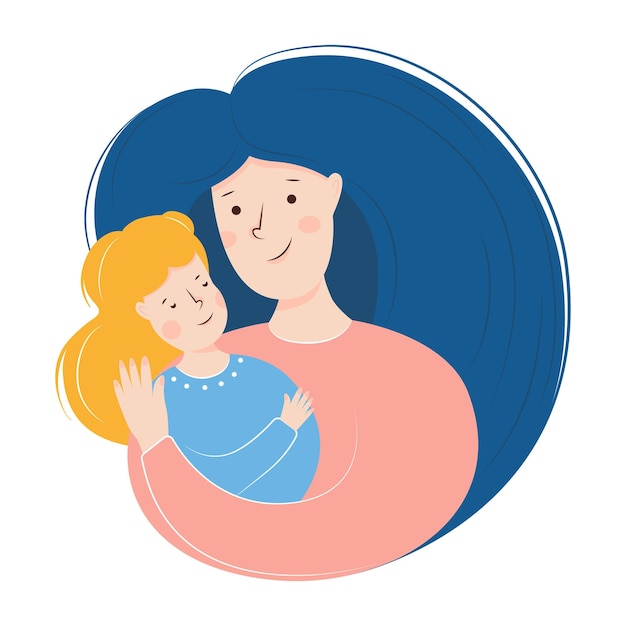 Vector mother and daughter hugging mother's day card about mother's love and care flat illustration