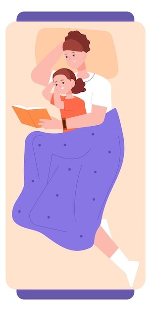 Mother and daughter laying in bed and reading book Family time together