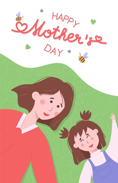 Mother and daughter laying on the grass mothers day hand drawn lettering vector illustration