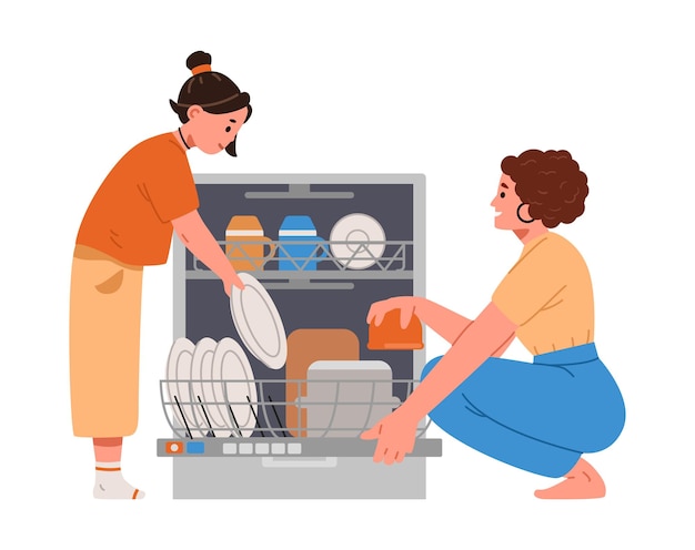 Mother and daughter loading dishwasher