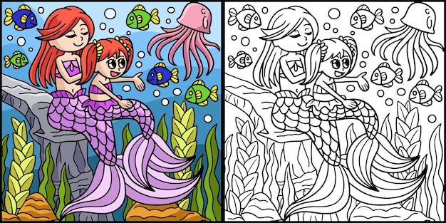 Mother And Daughter Mermaid Colored Illustration