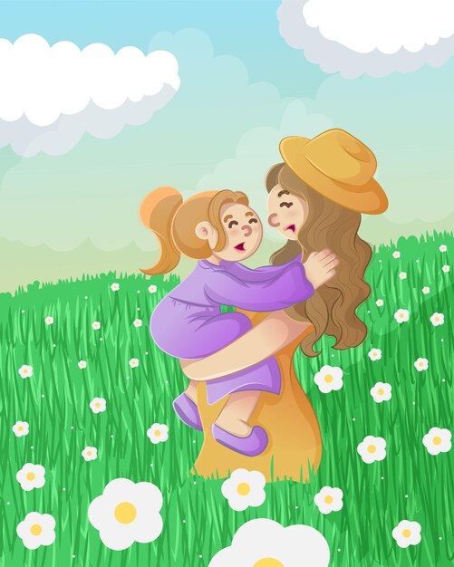 Mother and daughter in nature, mother's day cute illustration