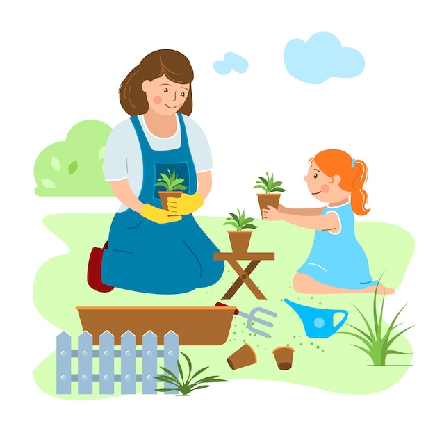 Vector mother and daughter plant flowers in the garden.