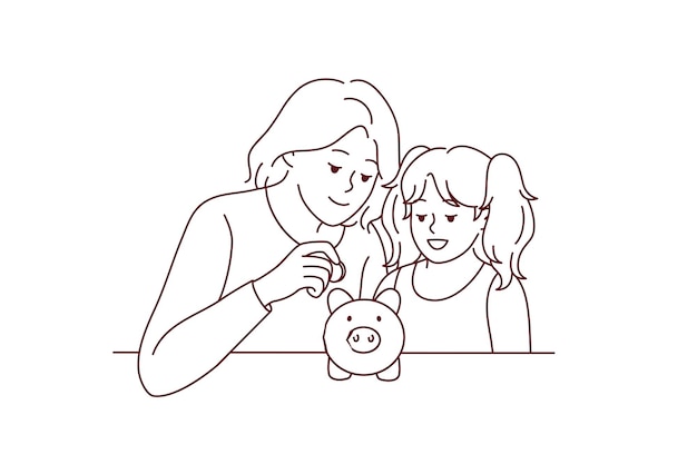 Мать и дочь кладут монетку в копилку