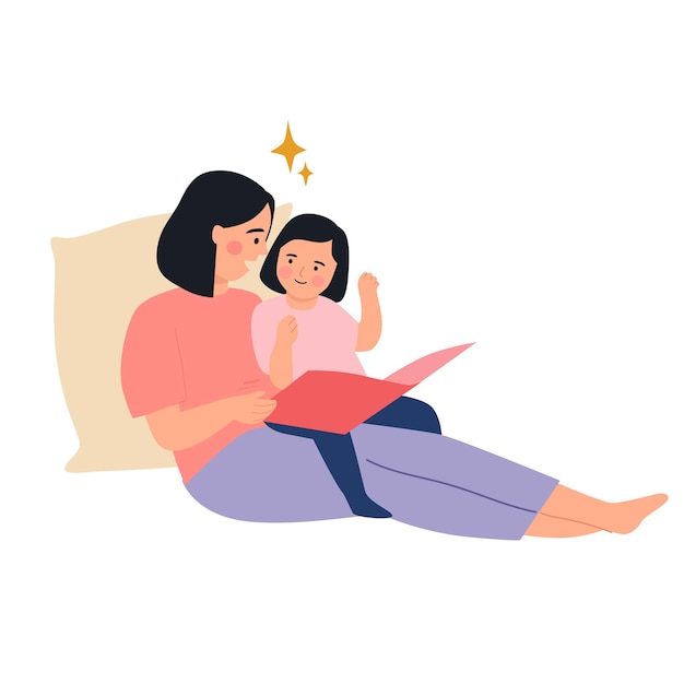 Vector mother and daughter reading book together