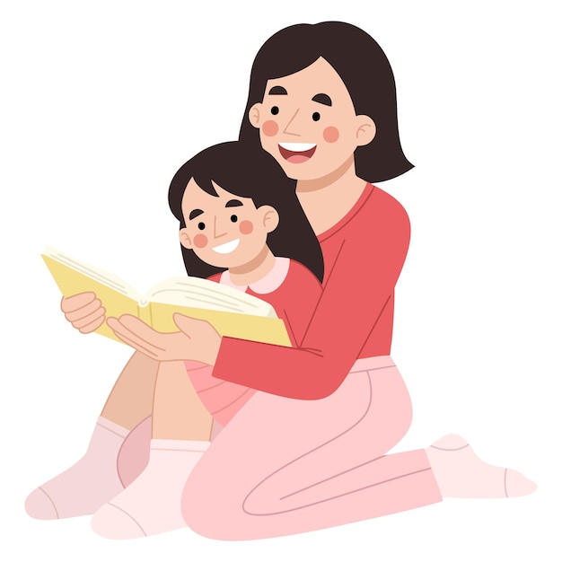 Mother and daughter reading book vector illustration
