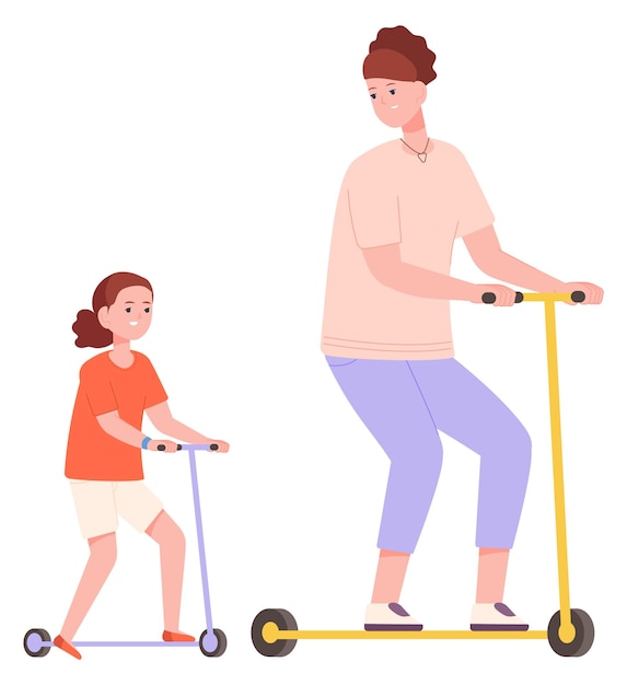 キック スクーターに乗る母と娘 アクティブな家族のライフ スタイル