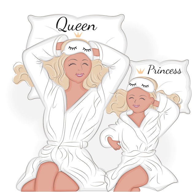 Vector mother and daughter in robe lying in bed pajama party cute vector illustration