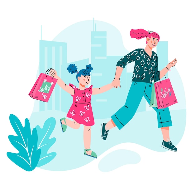 Vector mother and daughter shopping together with shopping bags at cityscape backdrop