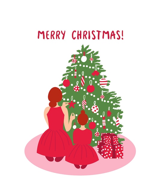 Madre e figlia che si siedono e decorano l'albero di natale colori rosa pastello vettore di biglietto di auguri di natale cartoon illustrazione vettoriale