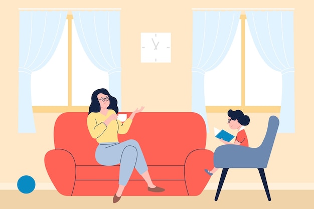 Vector mother and daughter spend time together little girl reading book woman drinks coffee or tea at sofa family day rest at home vector scene illustration of mother and daughter reading at home