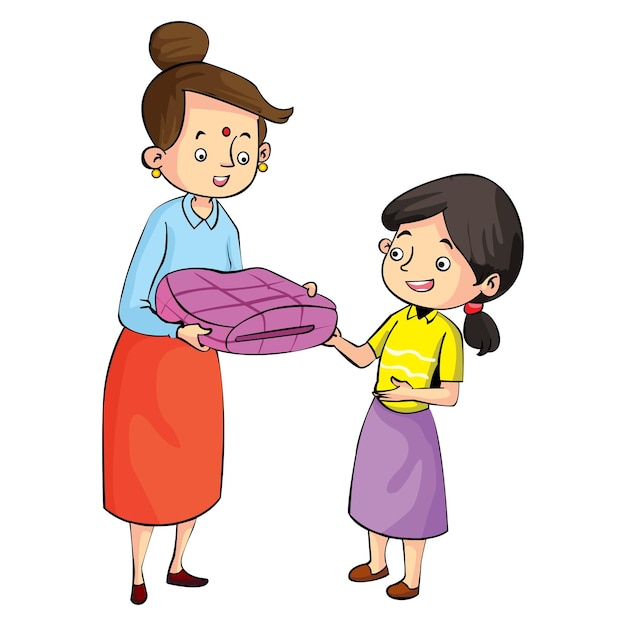 母と娘が幸せに話し合っている母が娘に毛布を渡す