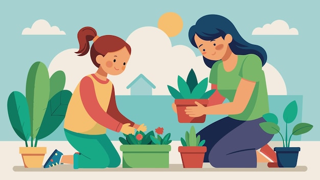 A mother and daughter in their backyard planting and repotting succulents in beautiful containers to
