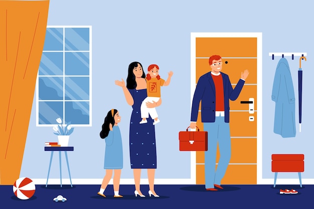 Vector mother and daughters see off dad leaving home for work in hall flat vector illustration